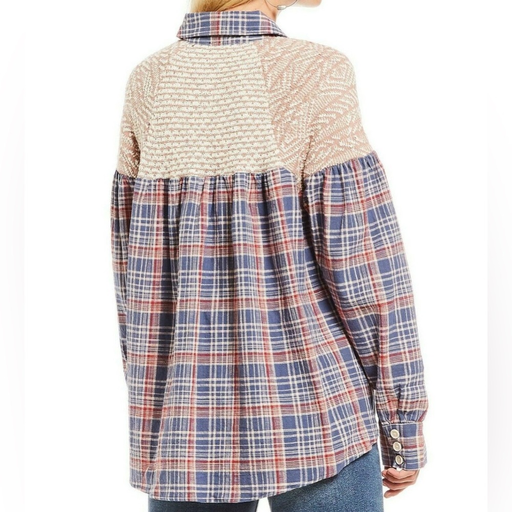 FREE PEOPLE Fireside Nights Plaid & Knit Long Sleeve Blouse Cloudy Combo Size S - Picture 2 of 15